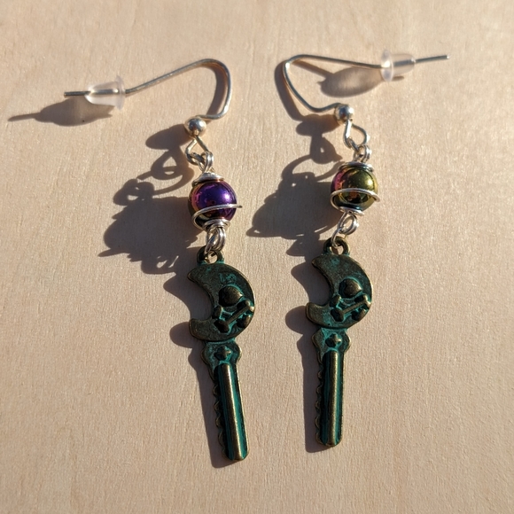 Rainbow Hematite Wrapped Key Earrings Handmade Silver Wire Steampunk - Picture 1 of 8